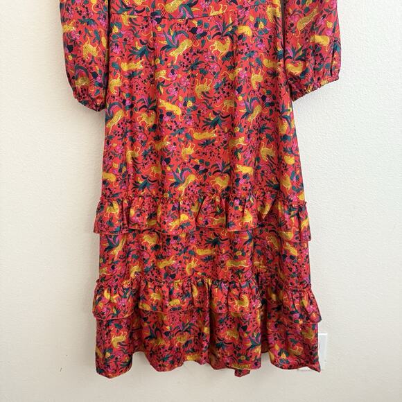 J. Crew Collection Dress Size 2 Silk Tiered Ruffle In Jungle Cat Print Midi Boho - Picture 12 of 16